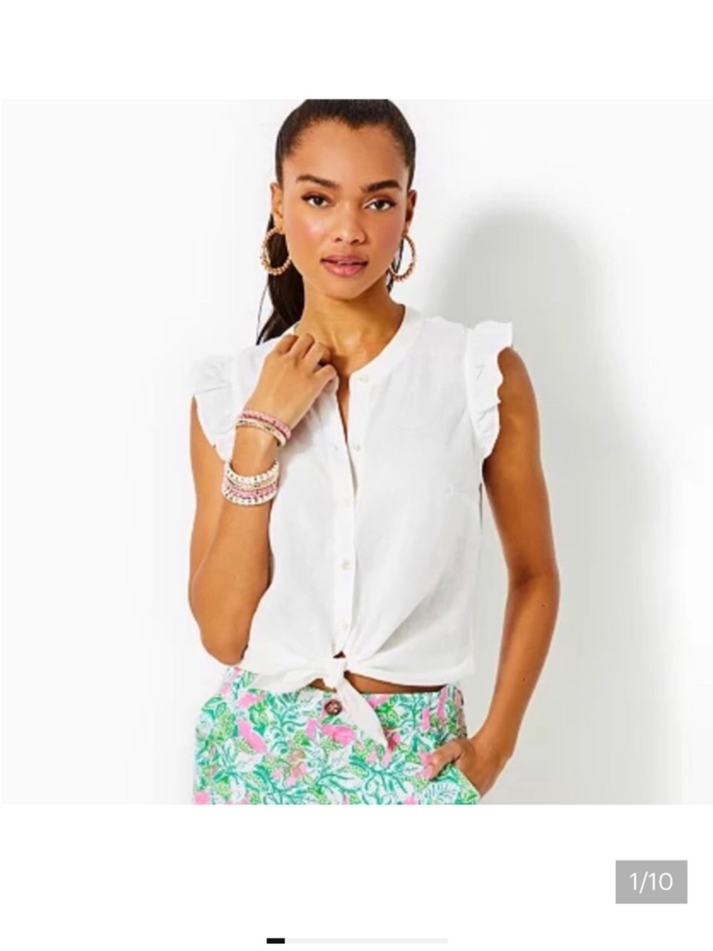 Lilly Pulitzer Briette Button Down, Flutter arm accents, 100% Linen.